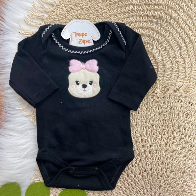  Conj. Body Cachorrinha de Laço Rosa e Calça Bolotas Pretas - Preto e Off White